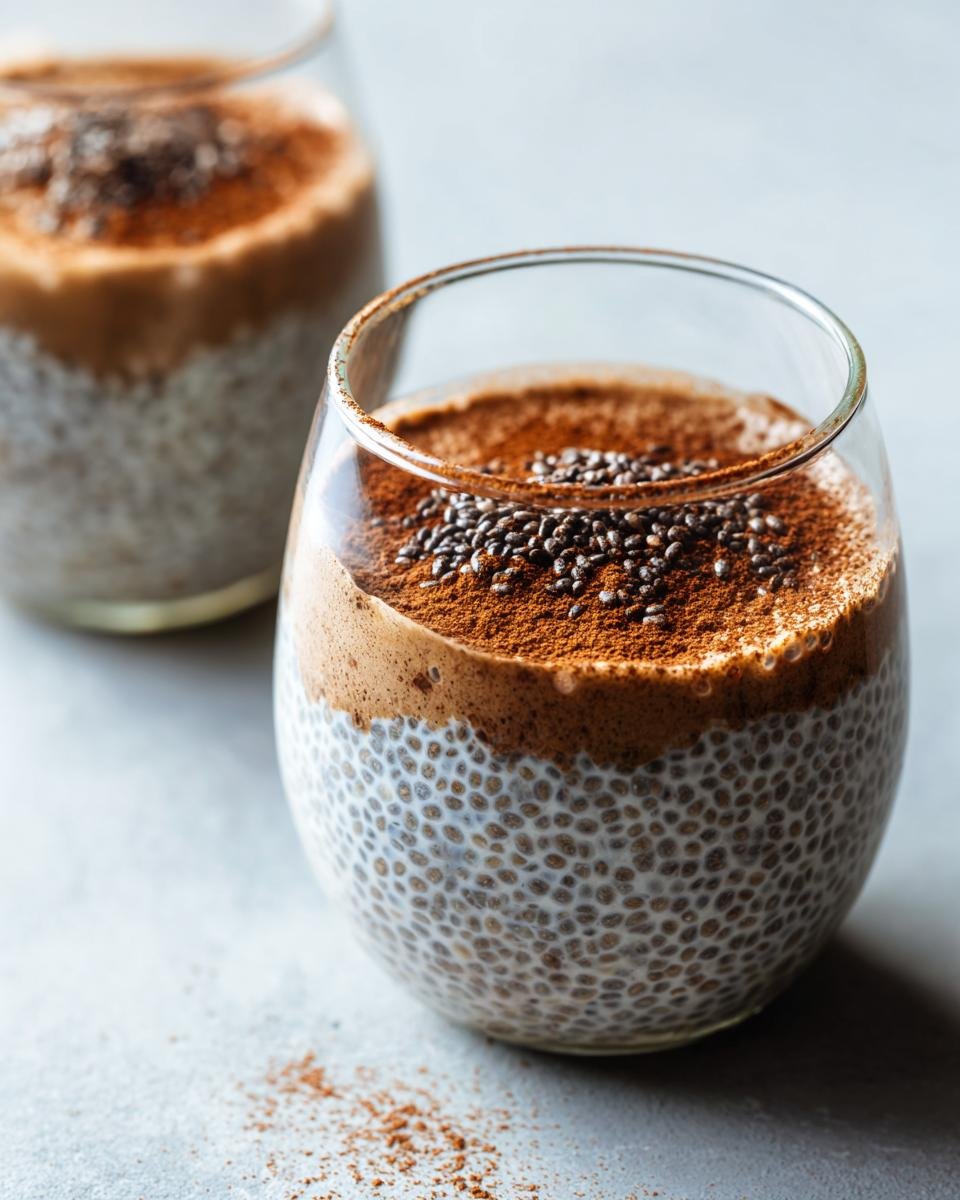 Close-up of Easy Make Ahead Chai Latte Chia Pudding topped with cocoa powder and chia seeds.