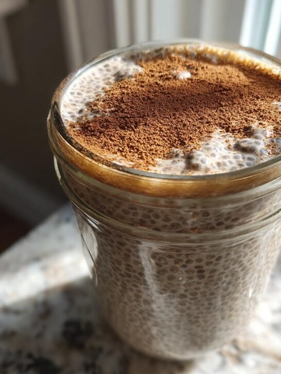 Close-up of Easy Make Ahead Chai Latte Chia Pudding topped with cinnamon in a glass jar.