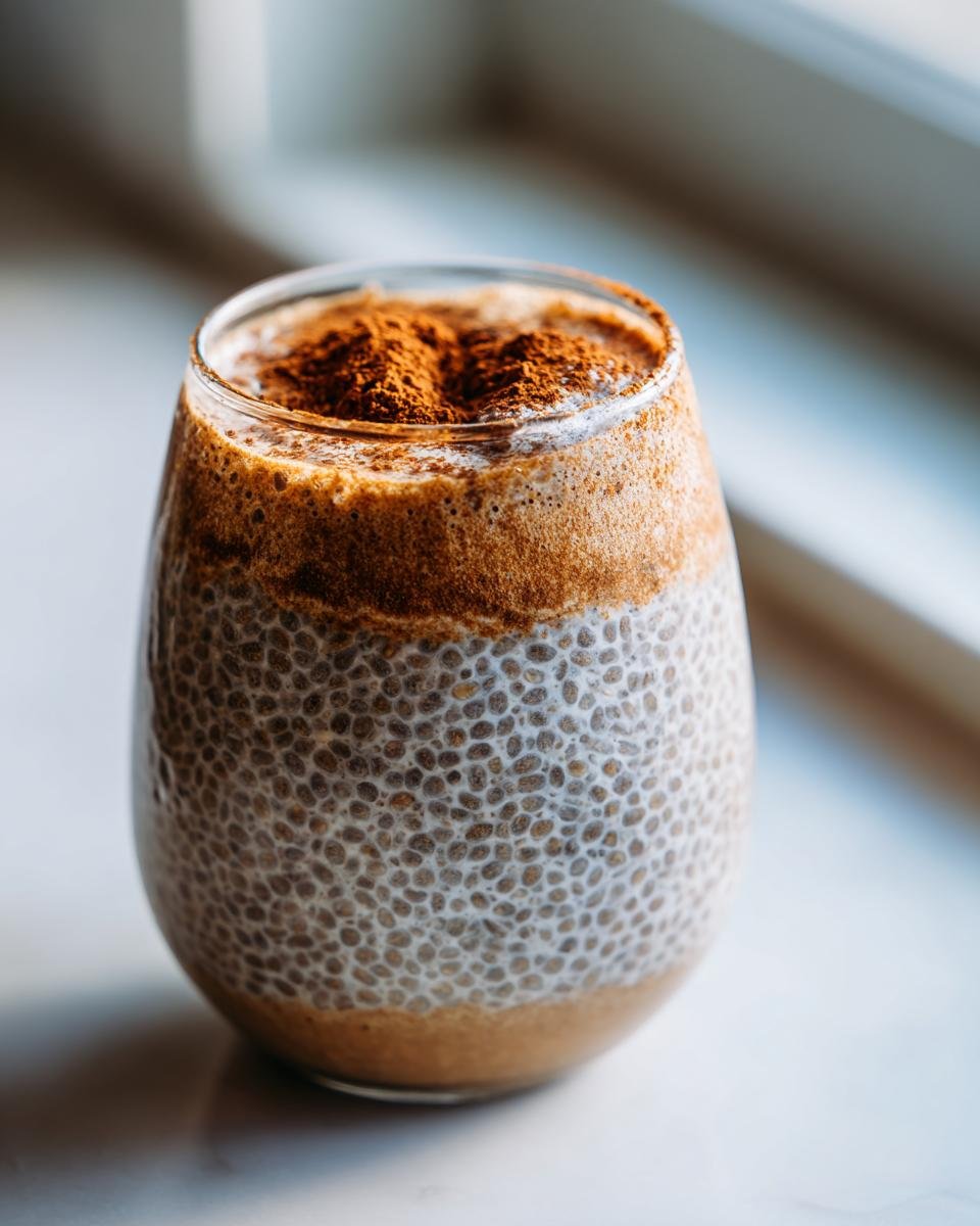 Close-up of Easy Make Ahead Chai Latte Chia Pudding layered in a glass, topped with cinnamon.