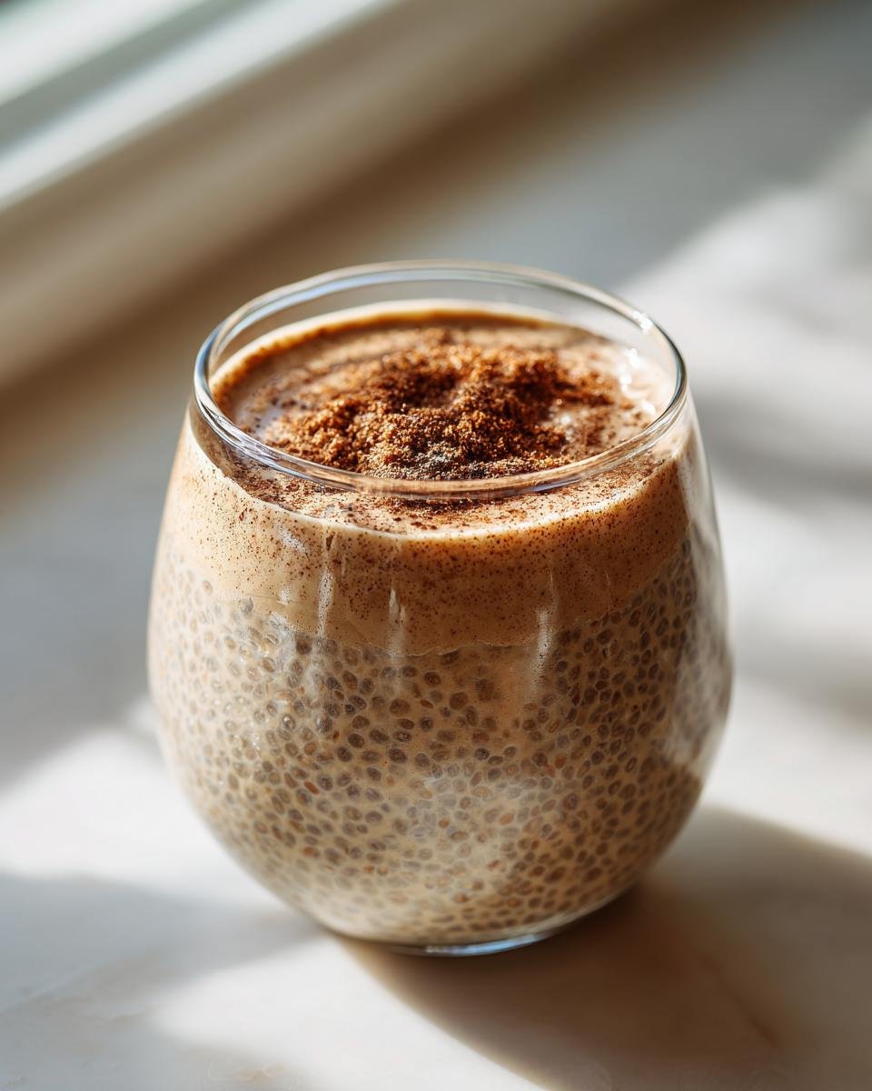 Close-up of Easy Make Ahead Chai Latte Chia Pudding with chia seeds suspended in liquid and topped with spice dust.