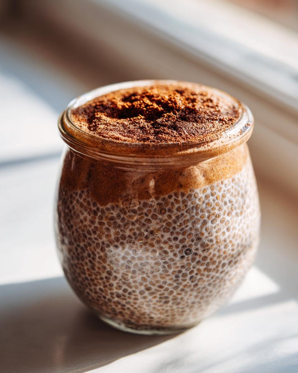 Close-up of Easy Make Ahead Chai Latte Chia Pudding layered in a glass jar, topped with spice powder.