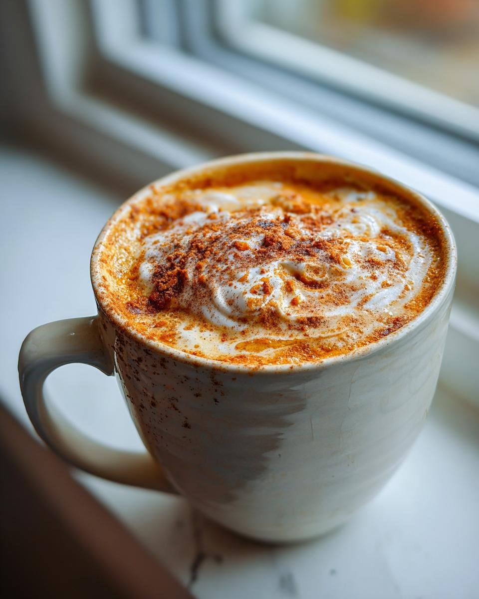 Close-up of a creamy Easy Warm Apple Chai Latte topped with whipped cream and cinnamon spice.