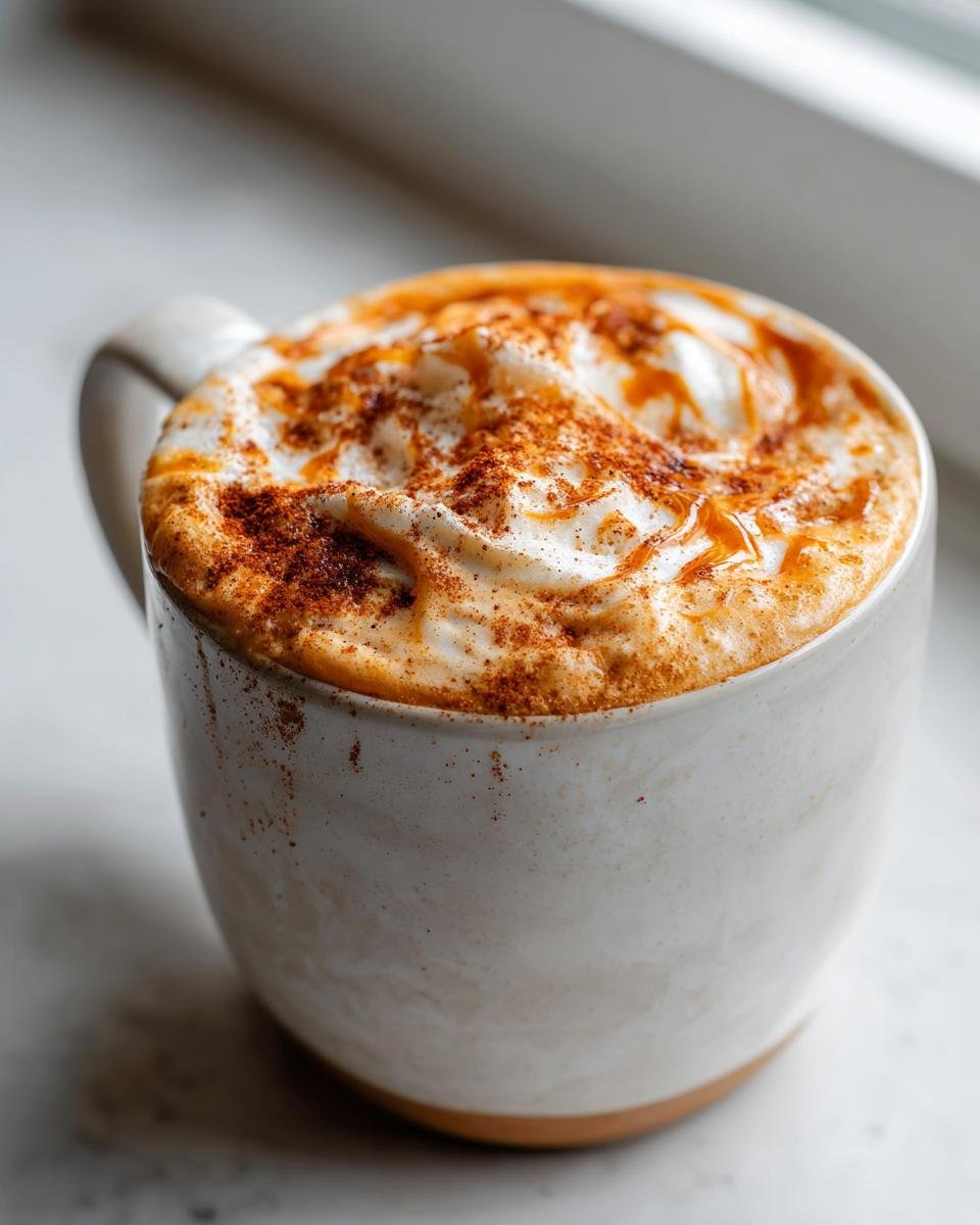 Close-up of an Easy Warm Apple Chai Latte in a speckled white mug, topped with whipped cream, caramel drizzle, and cinnamon.