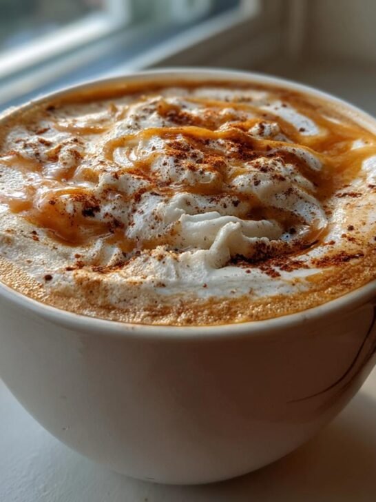 Close-up of a creamy Easy Warm Apple Chai Latte topped with whipped cream, caramel drizzle, and cinnamon.