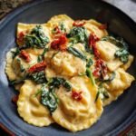 Close-up of Easy Weeknight Creamy Tuscan Ravioli coated in a rich, creamy sauce with wilted spinach and sun-dried tomatoes.