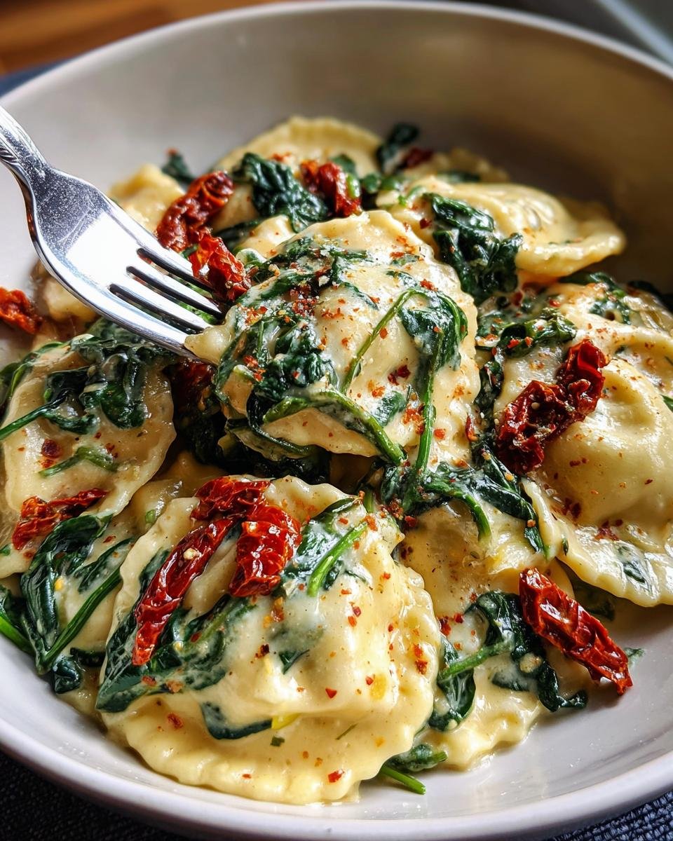 Close-up of Easy Weeknight Creamy Tuscan Ravioli served in a bowl, coated in sauce with spinach and sun-dried tomatoes.