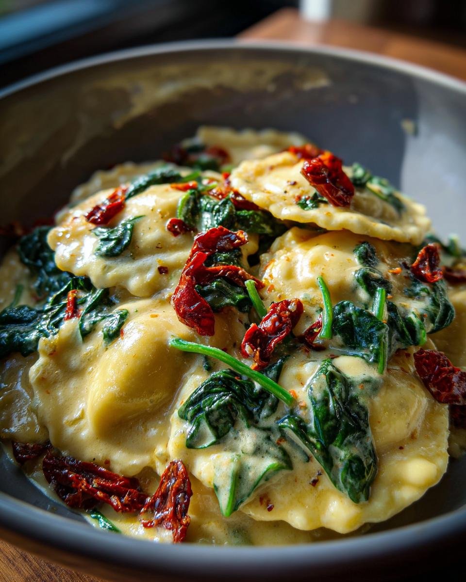Close-up of Easy Weeknight Creamy Tuscan Ravioli coated in a rich sauce with spinach and sun-dried tomatoes.