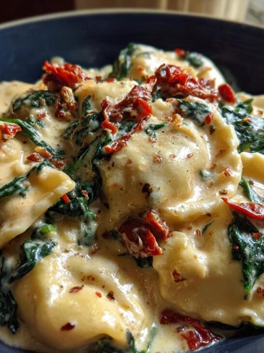Close-up of Easy Weeknight Creamy Tuscan Ravioli featuring pasta pockets in a thick, creamy sauce with wilted spinach and sun-dried tomatoes.