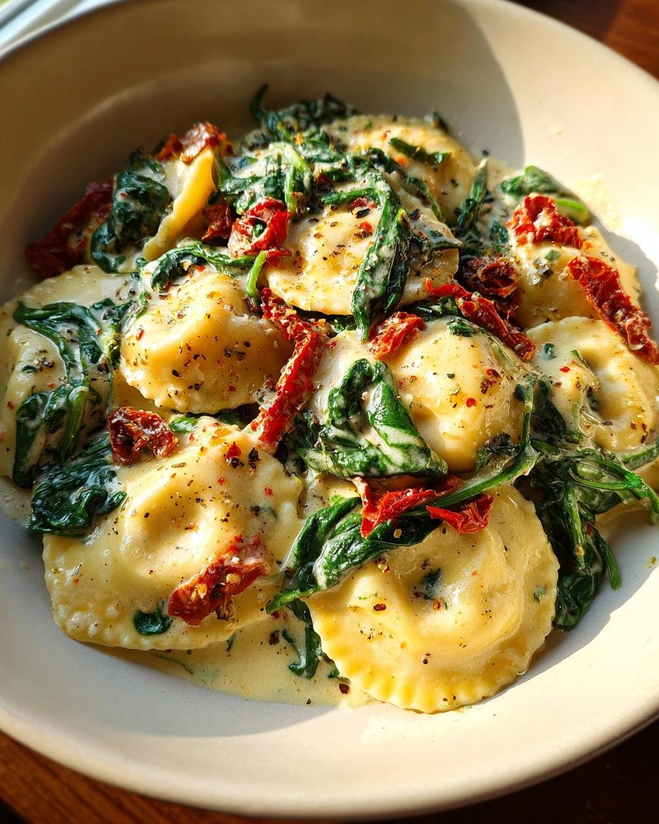 Close-up of Easy Weeknight Creamy Tuscan Ravioli covered in a rich cream sauce with wilted spinach and sun-dried tomatoes.