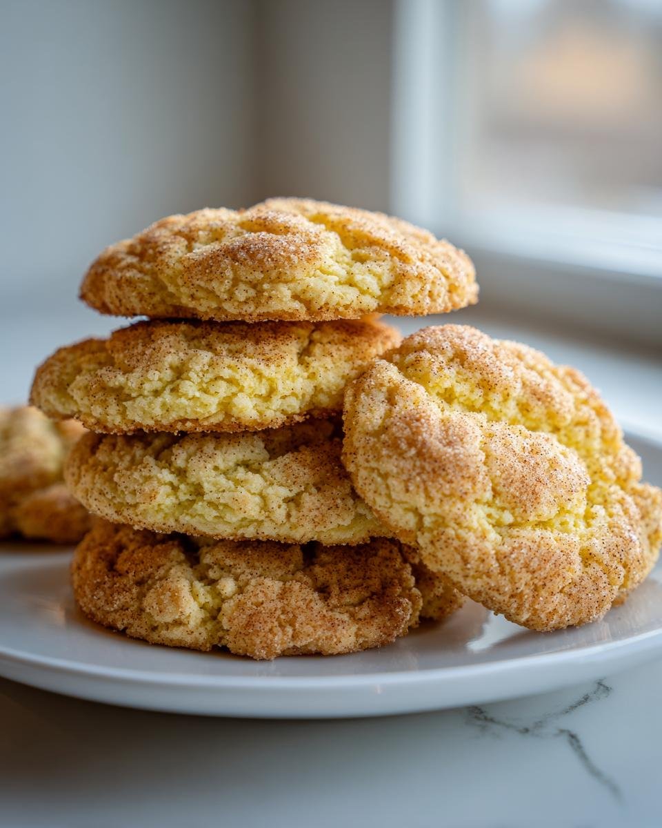 A stack of soft, crinkly Eggnog Biscotti Cookies coated in cinnamon sugar resting on a white plate.