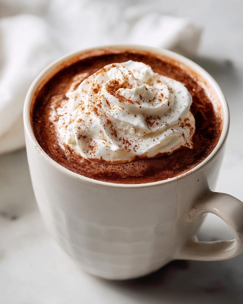 Close-up of a mug filled with rich Eggnog Hot Chocolate topped with a swirl of whipped cream and cinnamon.