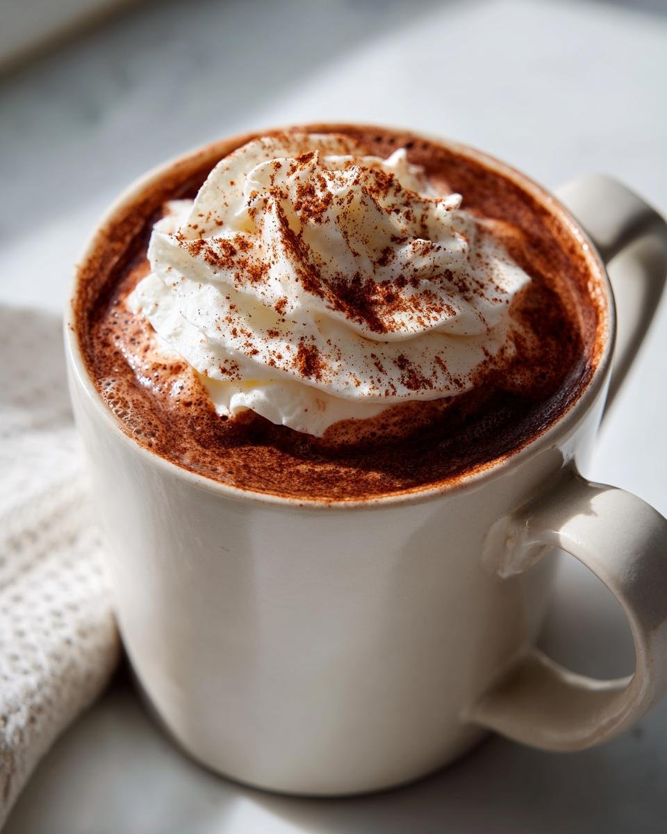 Close-up of a mug filled with rich Eggnog Hot Chocolate, topped high with whipped cream and a dusting of cocoa.