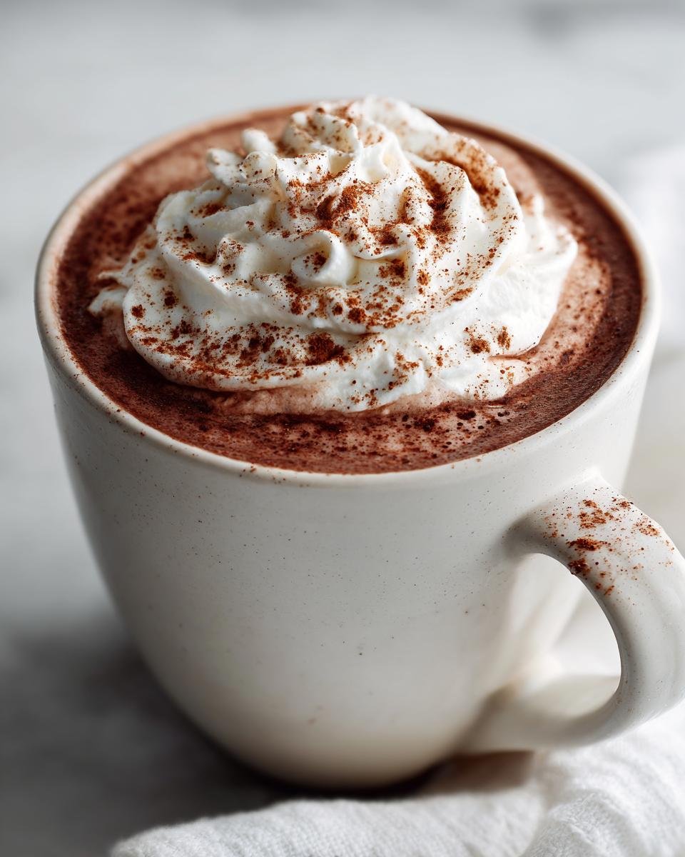 Close-up of a mug filled with rich Eggnog Hot Chocolate, topped with whipped cream and a dusting of spice.