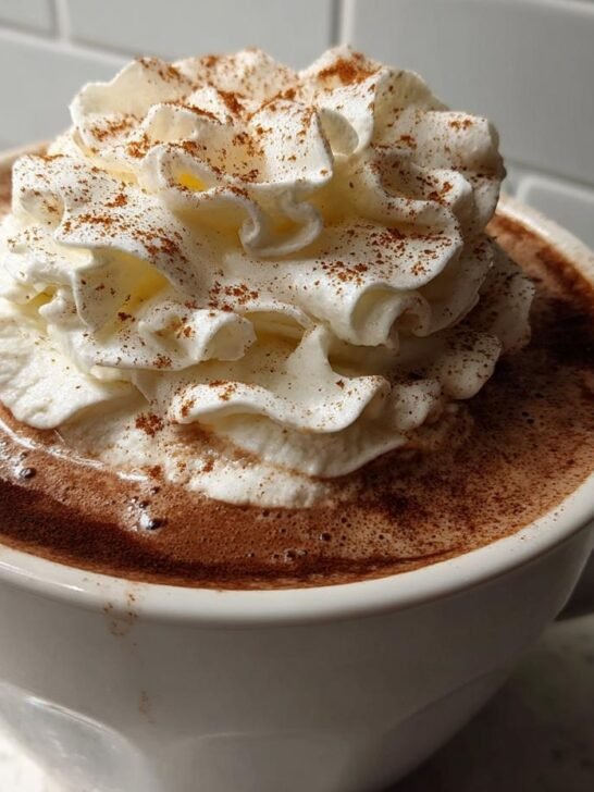Close-up of a mug filled with rich Eggnog Hot Chocolate topped with a swirl of whipped cream and cinnamon.