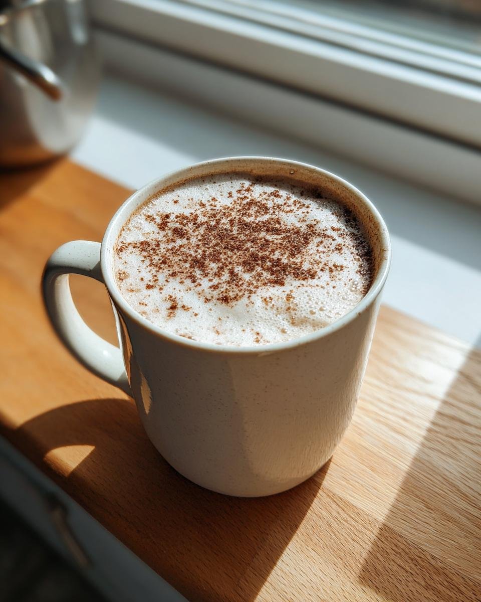 A cozy mug of Eggnog White Hot Chocolate topped with foam and sprinkled with cinnamon.