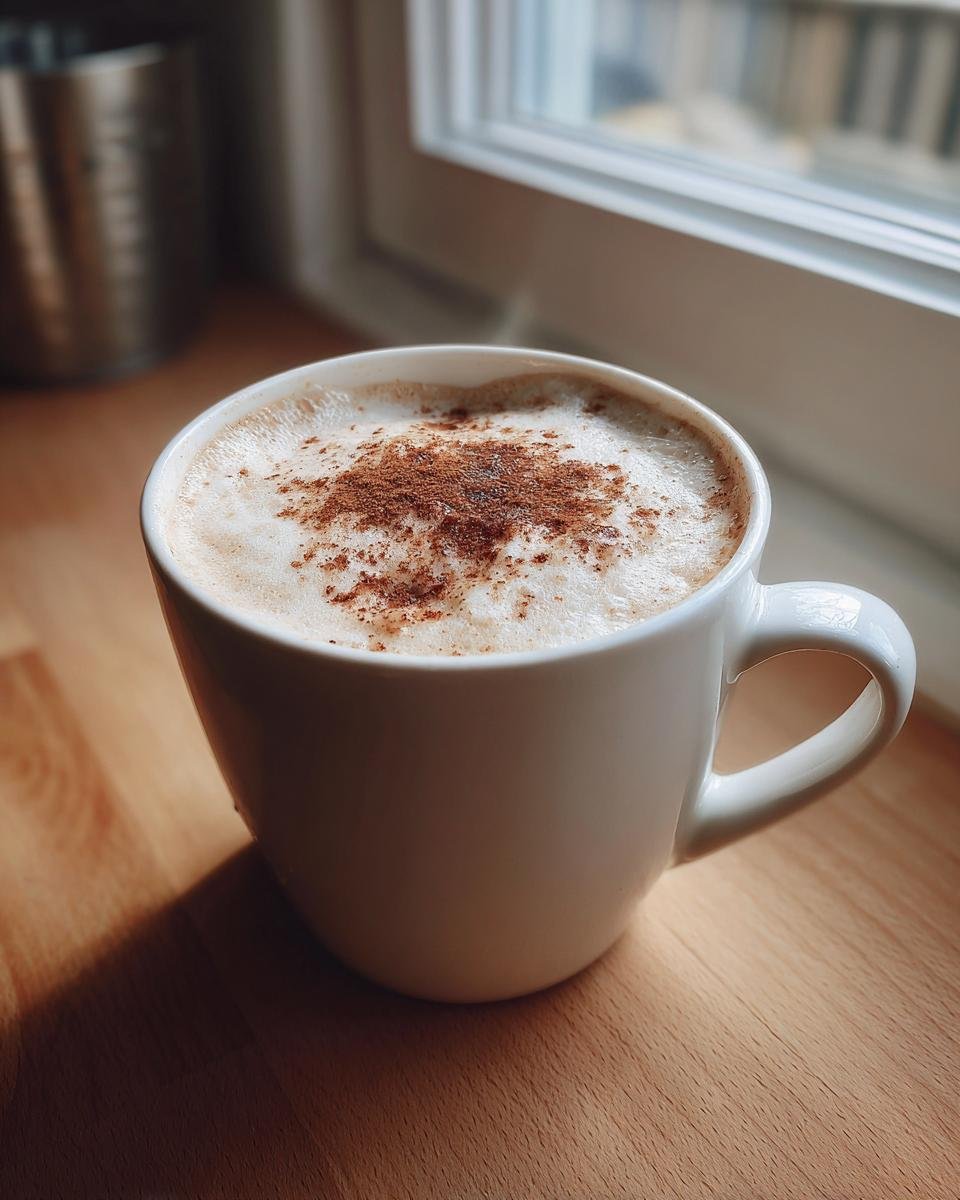 A close-up of Eggnog White Hot Chocolate in a white mug, topped with foam and a dusting of cinnamon.