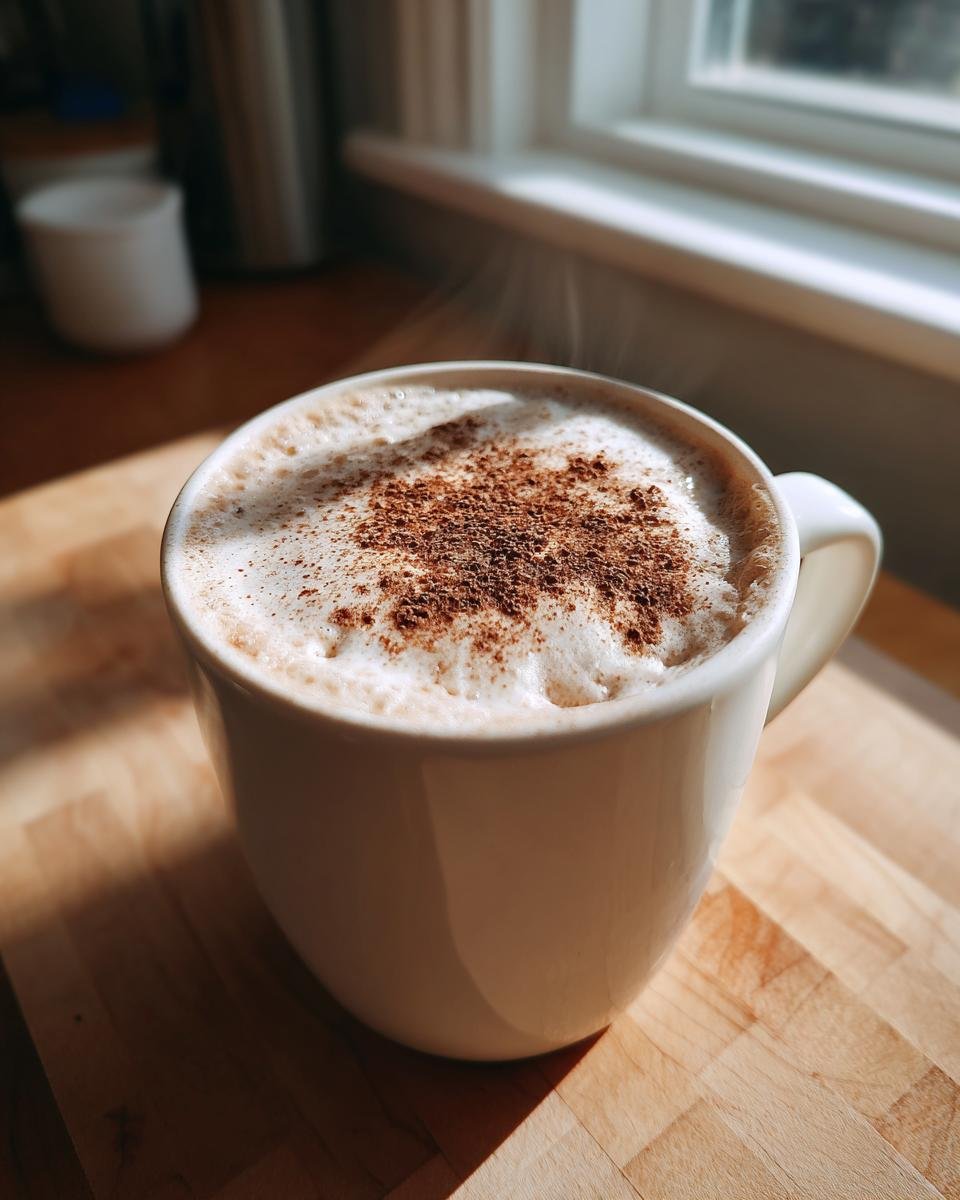 A steaming mug of Eggnog White Hot Chocolate topped with foam and cinnamon.