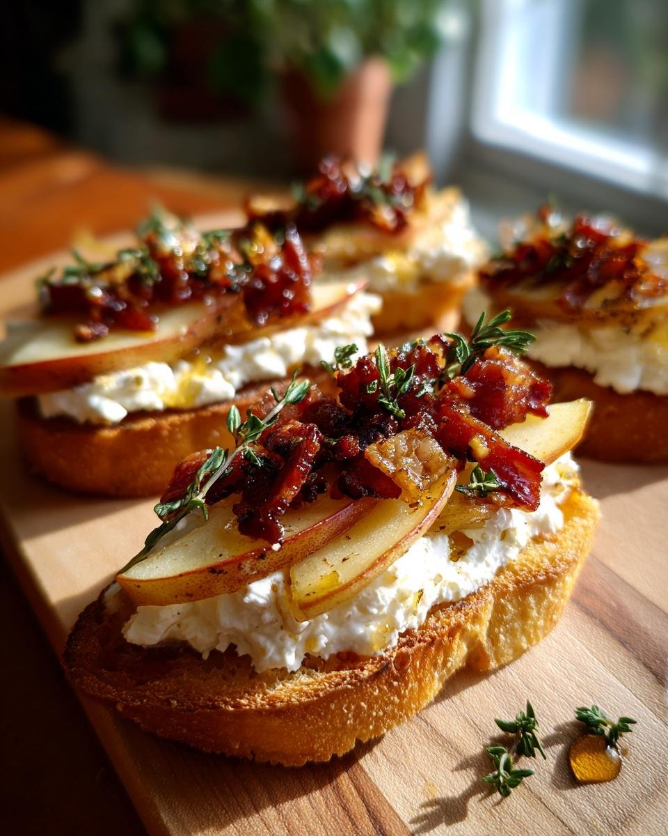 Close-up of Fall Harvest Apple Bacon Crostini topped with creamy cheese, apple slices, bacon, and thyme.