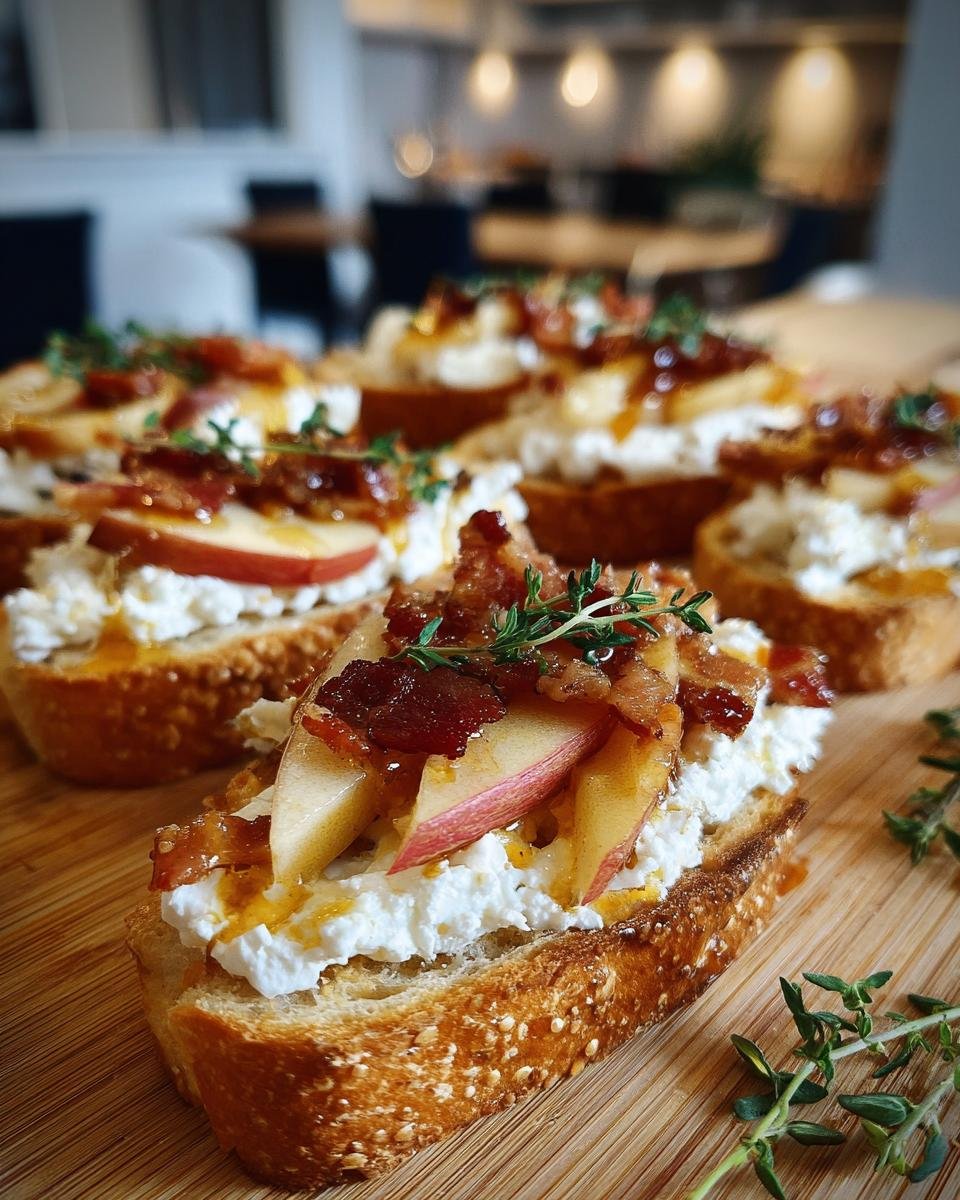 Close-up of Fall Harvest Apple Bacon Crostini topped with goat cheese, bacon, apple slices, and thyme.