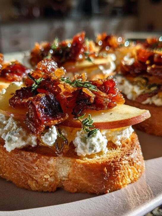 Close-up of Fall Harvest Apple Bacon Crostini topped with cheese, apple slices, and candied bacon.