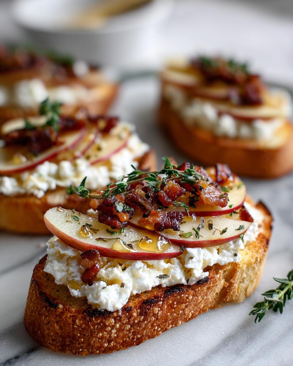 A close-up of a Fall Harvest Apple Bacon Crostini topped with creamy cheese, apple slices, bacon bits, and fresh thyme.