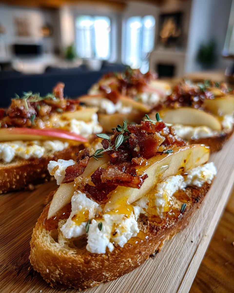 Close-up of Fall Harvest Apple Bacon Crostini topped with goat cheese, apple slices, bacon bits, and honey.