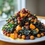 A vibrant mound of Fall Harvest BBQ Chickpea Kale Salad with roasted squash, chickpeas, and cranberries, drizzled with honey mustard dressing.