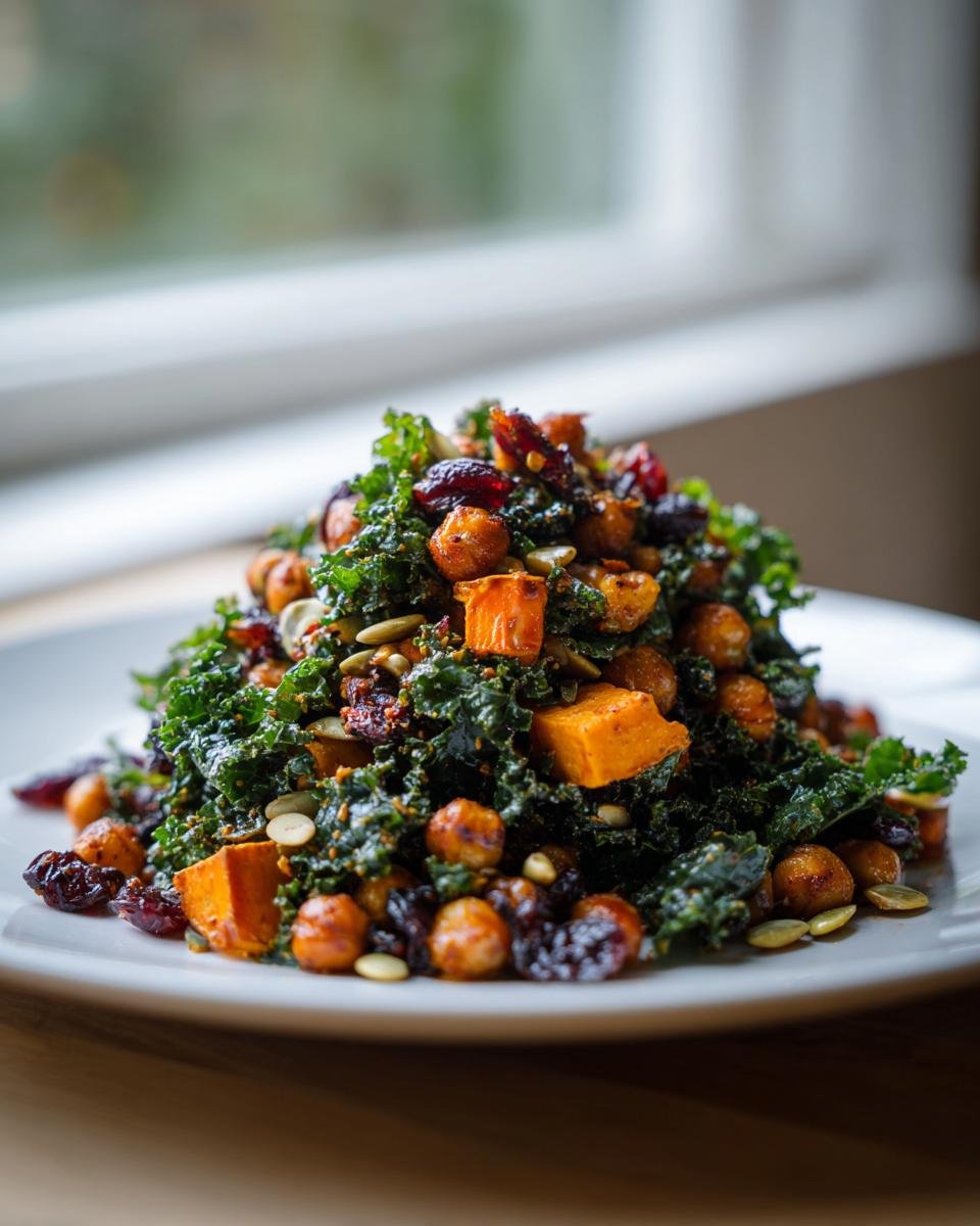 Close-up of a vibrant Fall Harvest BBQ Chickpea Kale Salad with roasted sweet potatoes and cranberries.