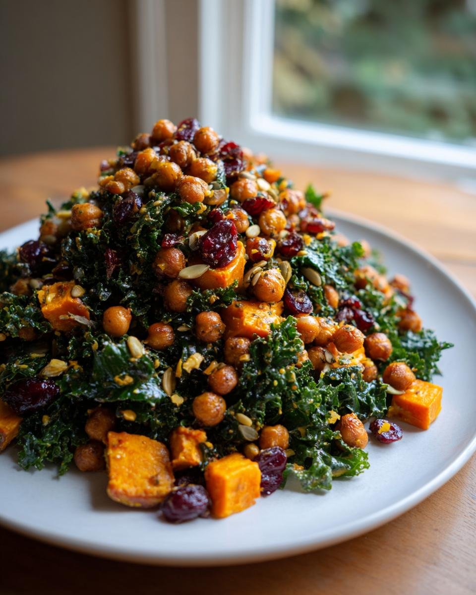 A mound of Fall Harvest BBQ Chickpea Kale Salad featuring roasted chickpeas, sweet potato cubes, dried cranberries, and seeds.
