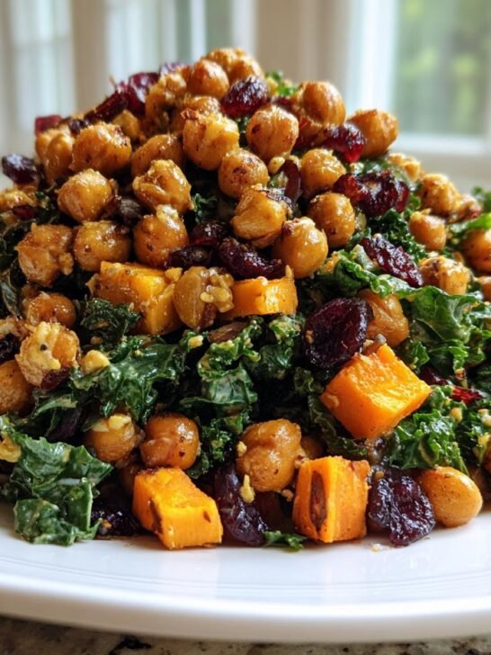 A towering mound of Fall Harvest BBQ Chickpea Kale Salad featuring roasted chickpeas, sweet potato cubes, and dried cranberries.