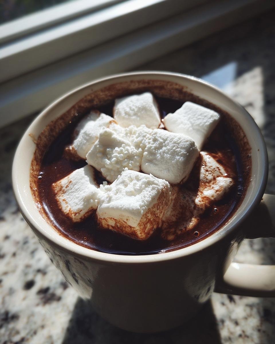 A creamy mug filled with rich, dark Fancy Hot Chocolate With Marshmallows melting on top.