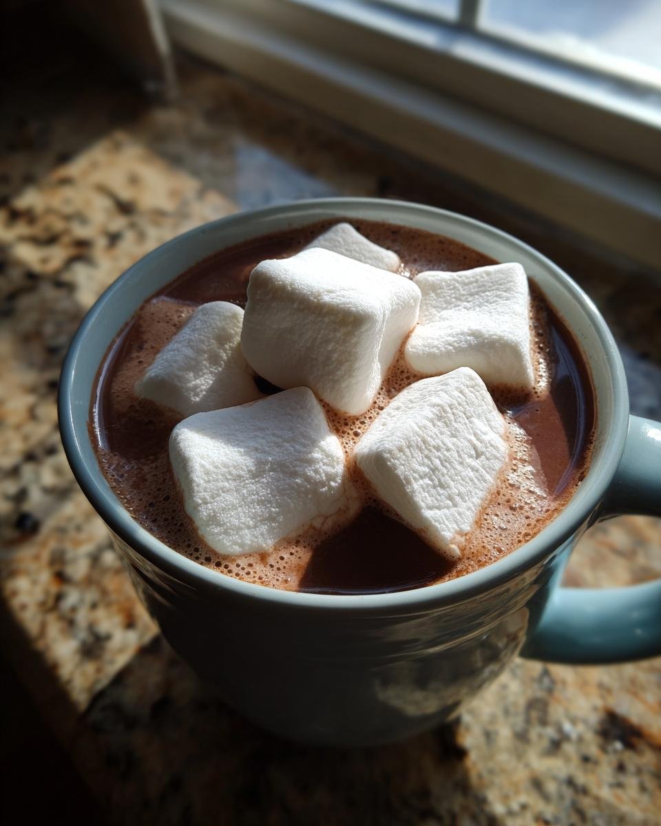 A close-up view of a mug filled with rich, dark Fancy Hot Chocolate With Marshmallows, sitting on a granite countertop near a window.