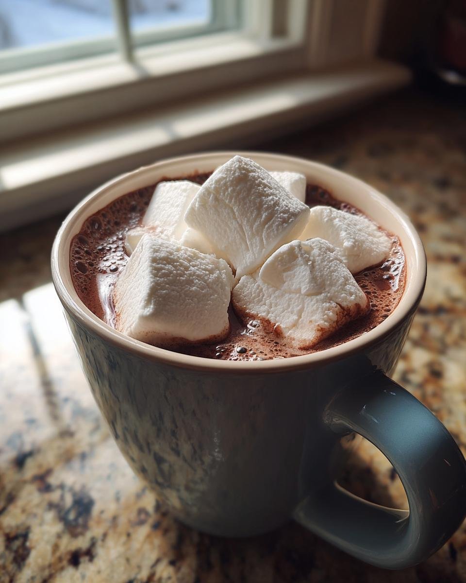 A close-up of a mug filled with rich Fancy Hot Chocolate With Marshmallows, set near a sunny window.