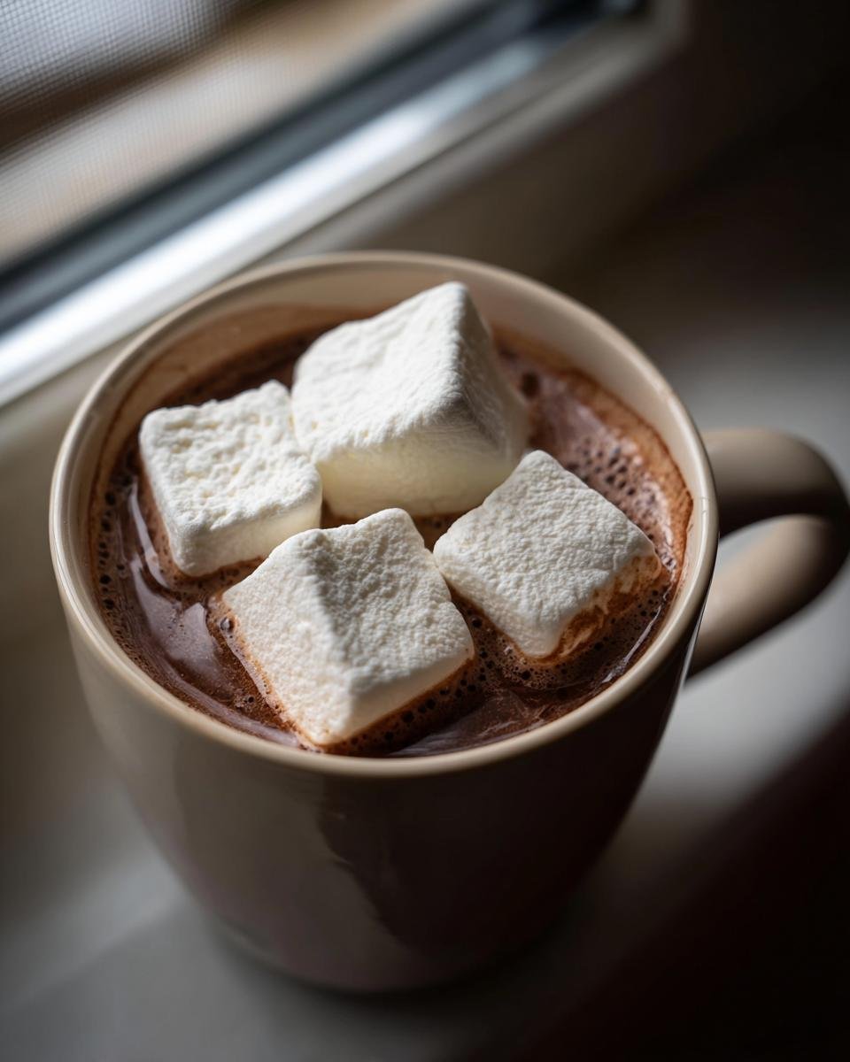 A warm mug filled with rich Fancy Hot Chocolate With Marshmallows melting slightly on top.