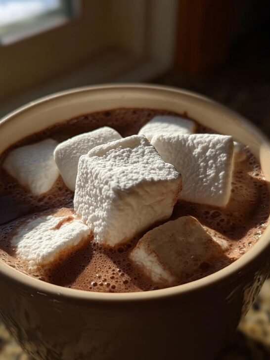 A close-up of a mug filled with rich, dark Fancy Hot Chocolate With Marshmallows, lit by sunlight.