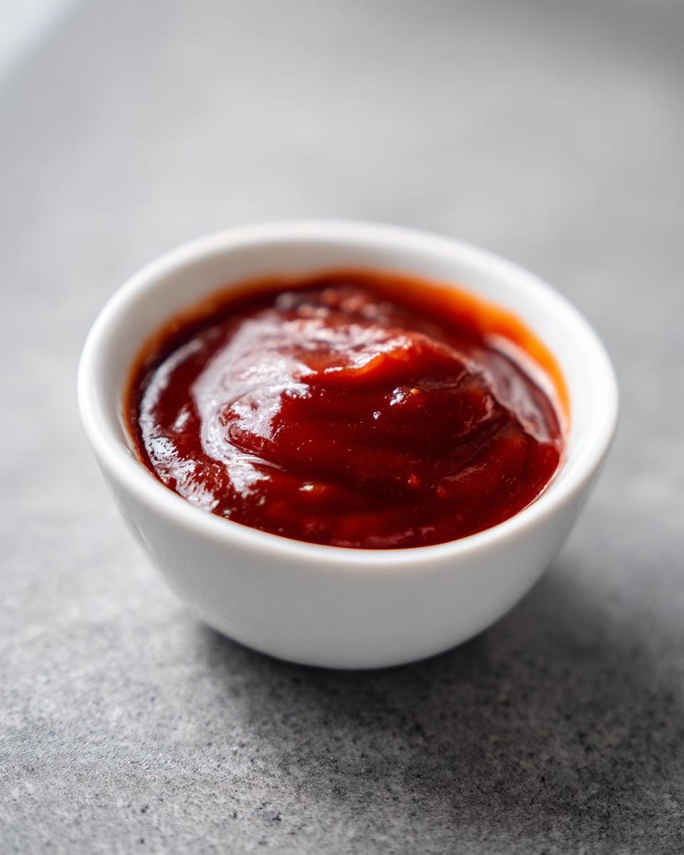 A small white bowl filled with thick, glossy red My Favorite Gochujang Sauce on a gray surface.