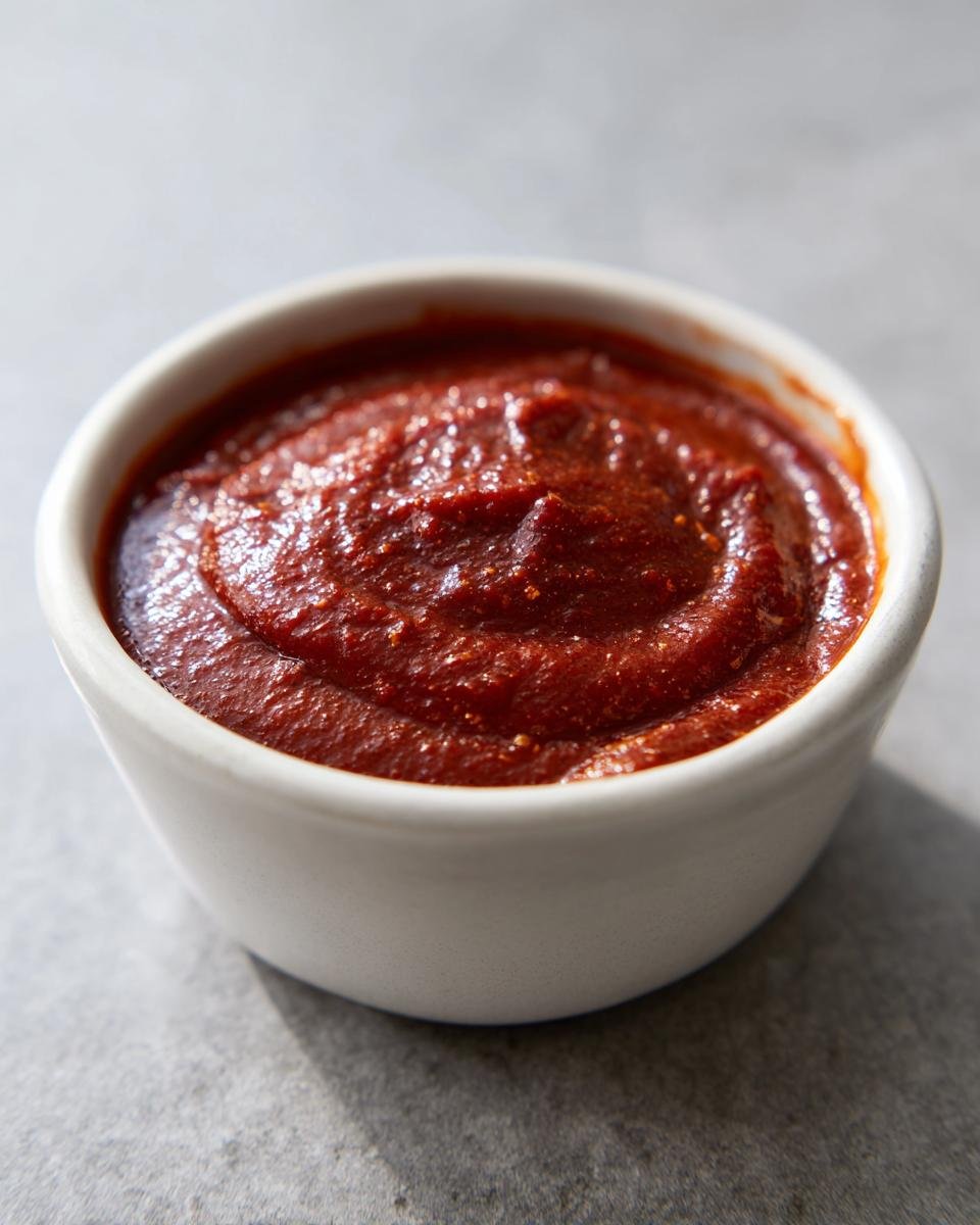 A small white bowl filled with rich, thick, deep red My Favorite Gochujang Sauce, set on a gray surface.