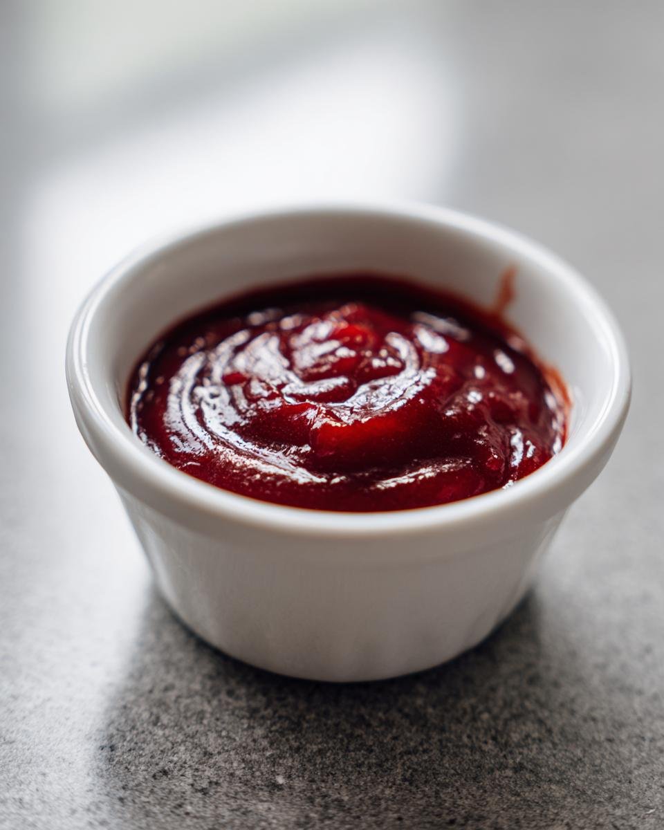 Close-up of rich, dark red My Favorite Gochujang Sauce swirled in a small white dipping bowl.