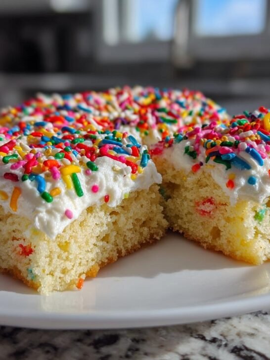 Close-up of two slices of Festive Sugar Cookie Cake topped with white frosting and colorful sprinkles on a white plate.
