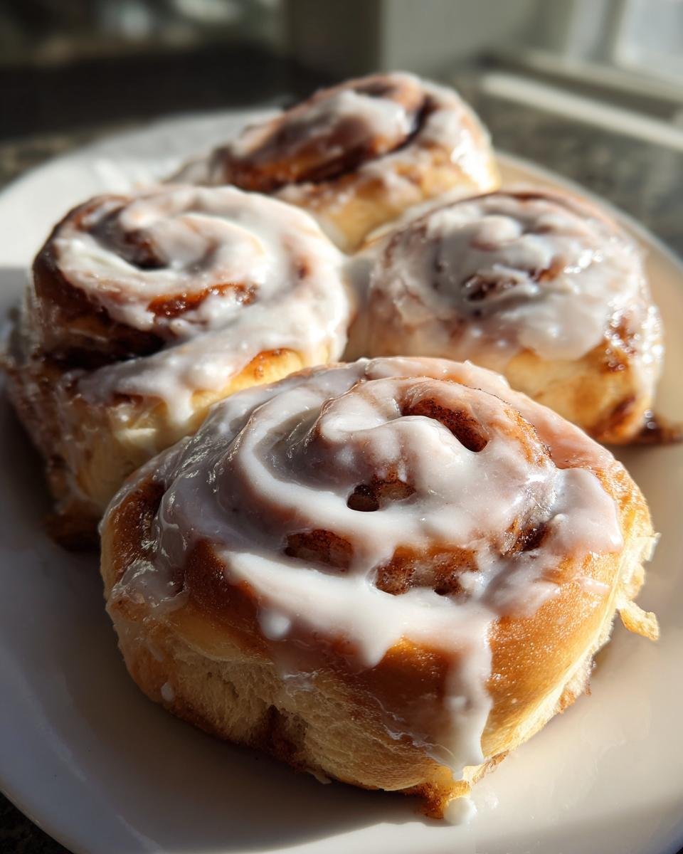 Close-up of four fluffy Apple Butter Cinnamon Rolls generously topped with white icing.