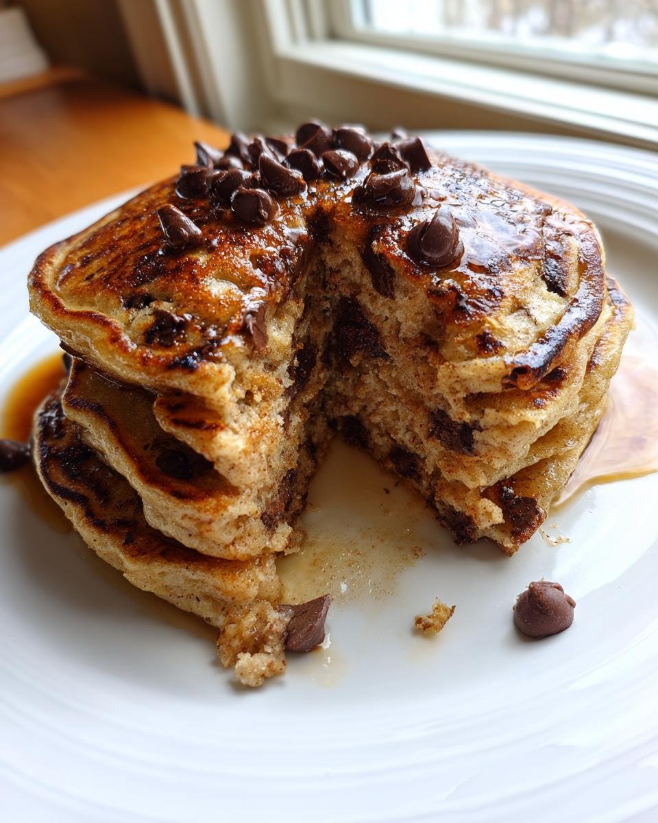 A tall stack of Fluffy Vegan Banana Chocolate Chip Pancakes cut open to show the interior texture and melted chocolate chips.