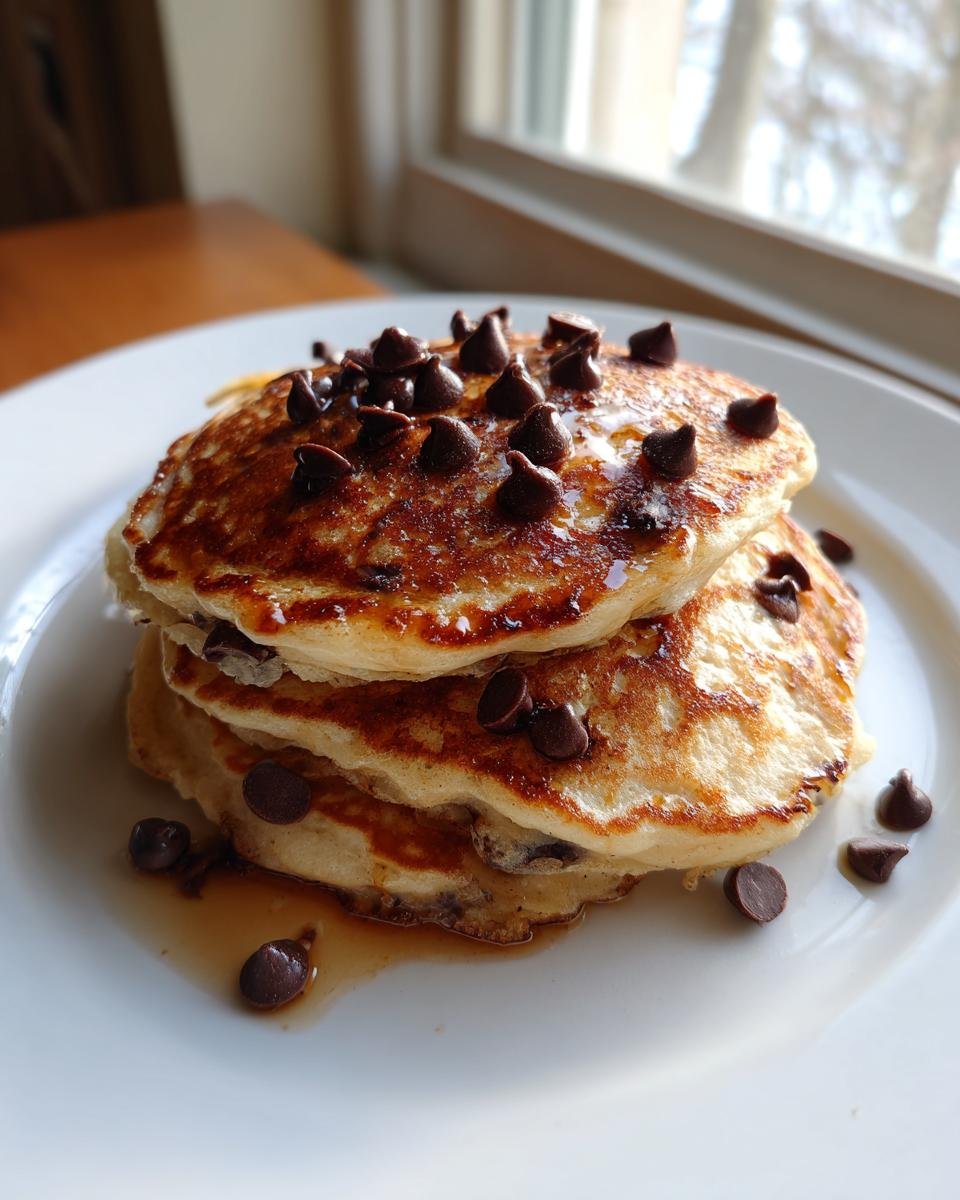 A stack of three fluffy vegan banana chocolate chip pancakes topped with melted chocolate chips and syrup.
