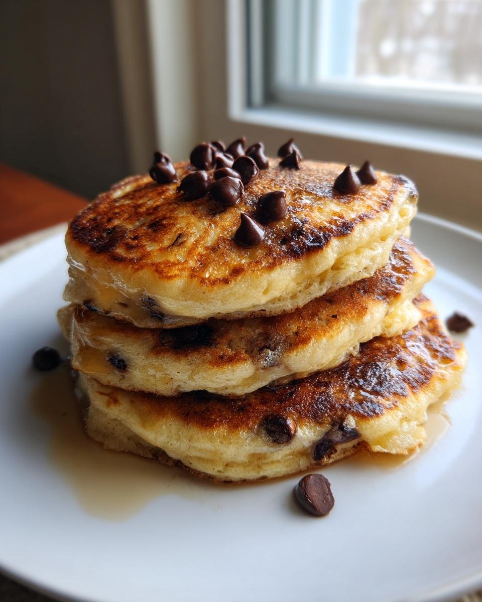 A stack of three fluffy vegan banana chocolate chip pancakes topped with chocolate chips and syrup.