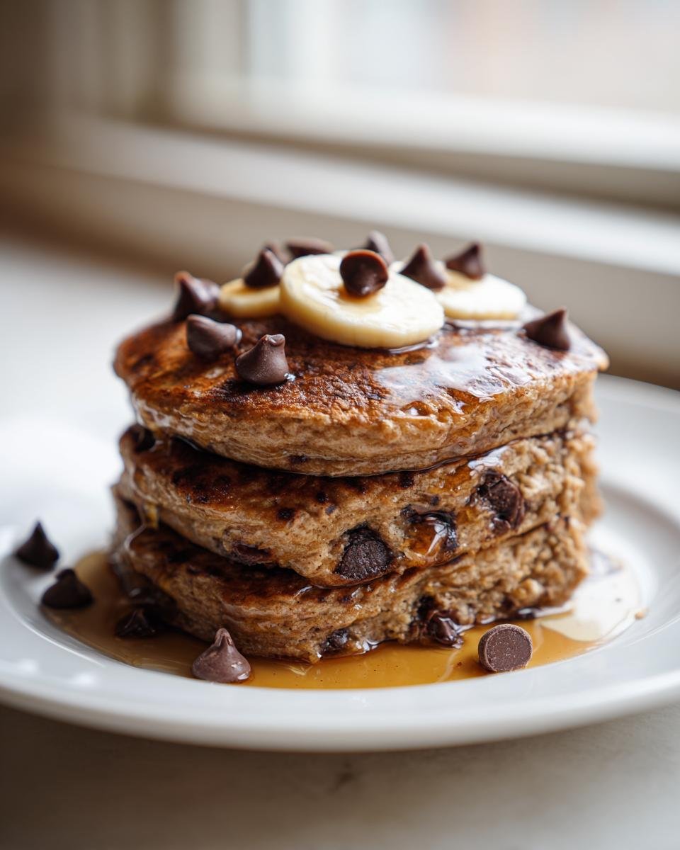 A tall stack of fluffy vegan banana chocolate chip pancakes drizzled with syrup and topped with banana slices.