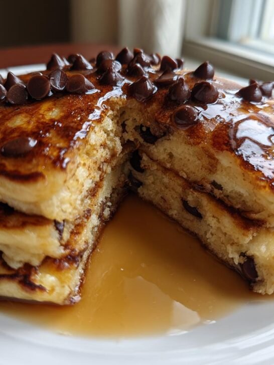 A stack of fluffy vegan banana chocolate chip pancakes cut open, drizzled with syrup and topped with chocolate chips.