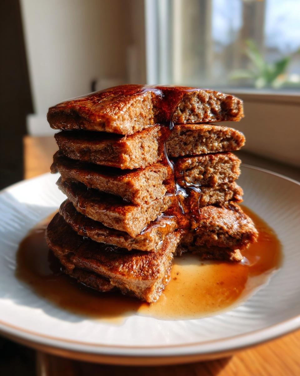 A tall stack of fluffy Vegan Gingerbread Pancakes drizzled generously with syrup on a white plate.