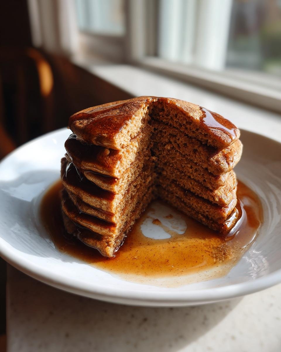 A stack of fluffy Vegan Gingerbread Pancakes cut to show the texture, drizzled generously with syrup.