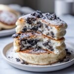 Close-up of fluffy One Bowl Fluffy Vegan Oreo Pancakes stacked, showing cookie pieces inside and powdered sugar.