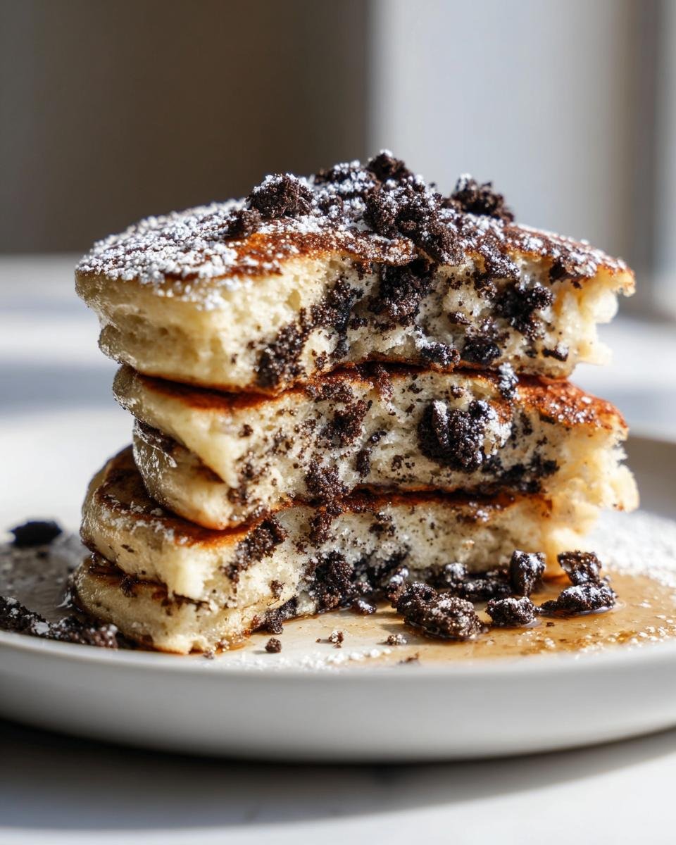 Close-up of a stack of fluffy One Bowl Fluffy Vegan Oreo Pancakes, cut open to show cookie pieces inside, topped with powdered sugar.