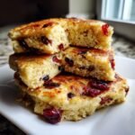Close-up of a stack of fluffy vegan quinoa pancakes cranberry, showing the airy interior texture and dried cranberries.